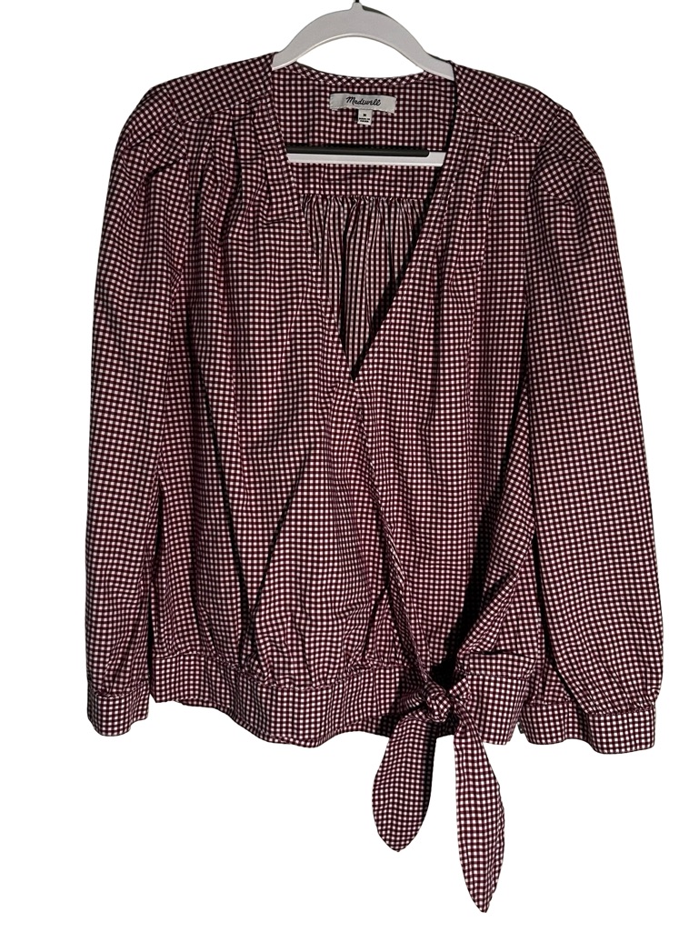 Madewell Burgundy And White Gingham Tie-Front Blouse